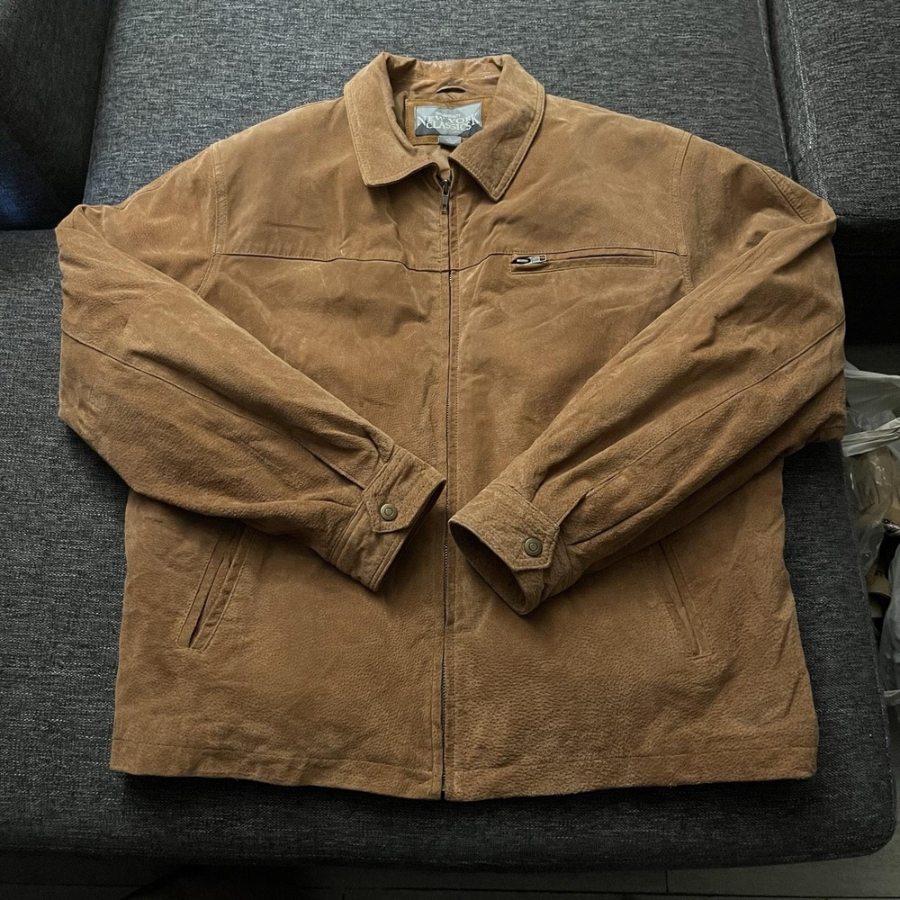 New York Classics Jacket Mens Large Brown Leather Bomber Full Zip Collared Lined